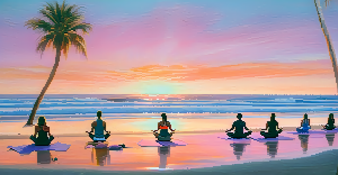 A beach at sunset with people practicing yoga on the sand, palm trees in the background, and vibrant colors in the sky.