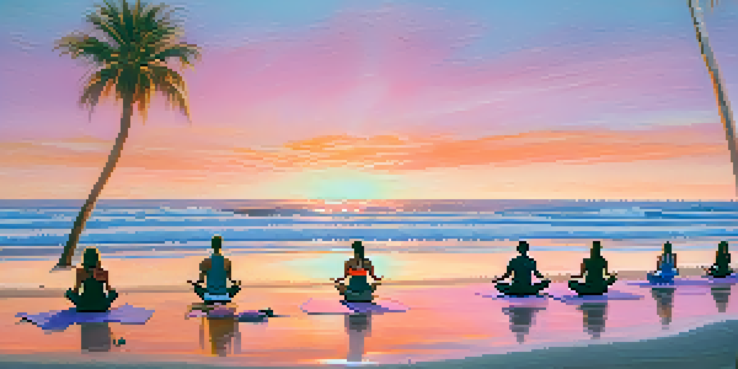 A beach at sunset with people practicing yoga on the sand, palm trees in the background, and vibrant colors in the sky.