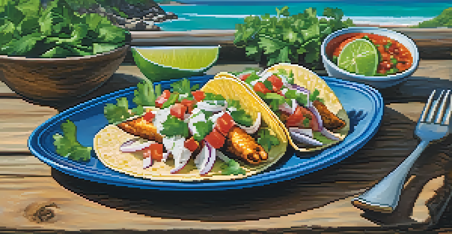 A gourmet plate of fish tacos garnished with cilantro and accompanied by salsa and lime on a rustic table with ocean waves in the background.