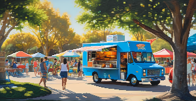 A lively park scene with colorful food trucks serving various dishes, people enjoying their meals on picnic blankets under the trees.