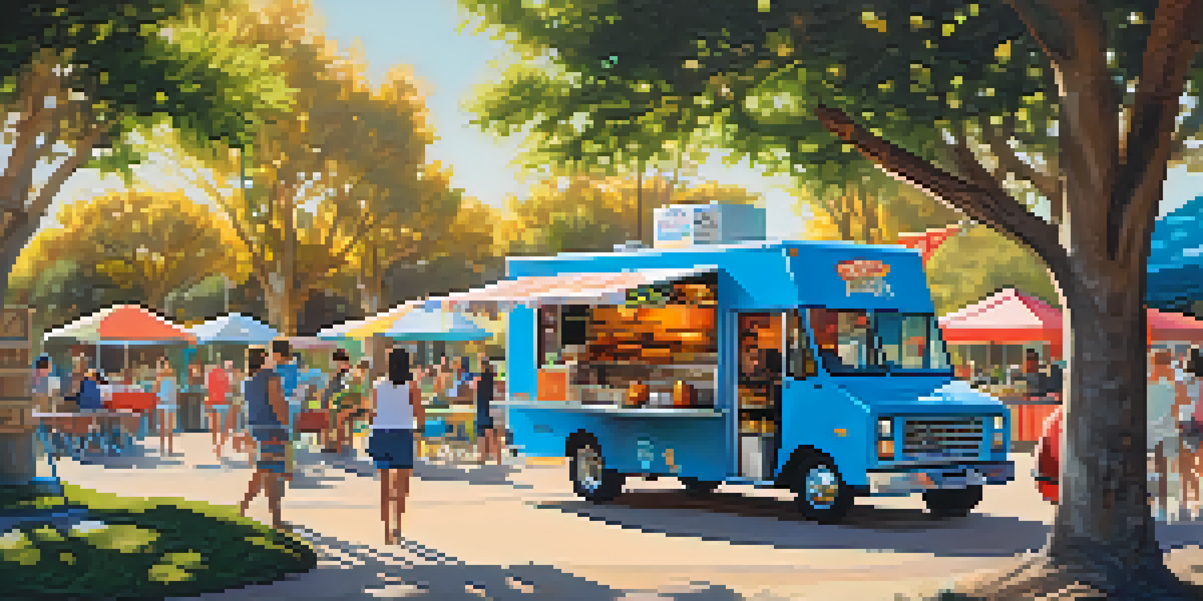 A lively park scene with colorful food trucks serving various dishes, people enjoying their meals on picnic blankets under the trees.