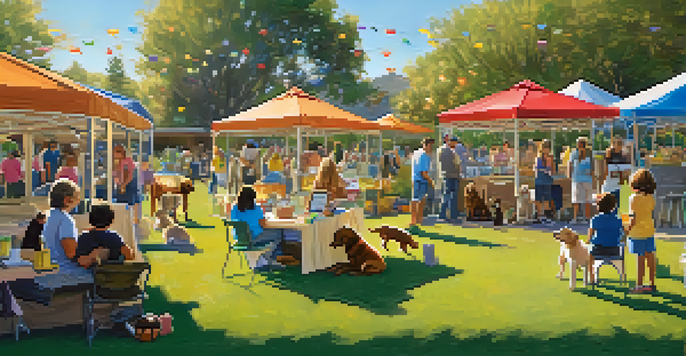 A lively pet adoption event in a sunny park with volunteers and a variety of dogs and cats available for adoption.