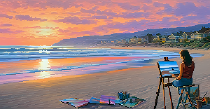 A female artist painting a colorful sunset on the beach in Carlsbad, California, with waves and beachgoers in the background.