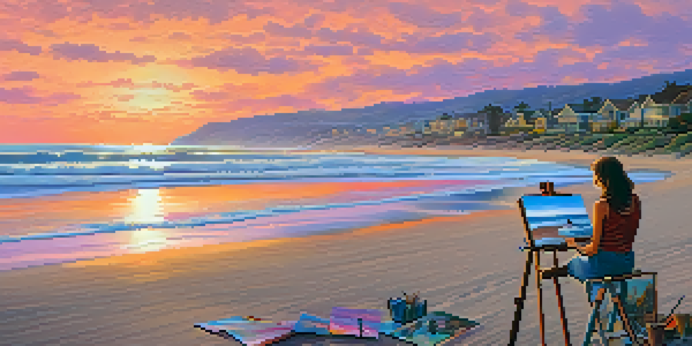 A female artist painting a colorful sunset on the beach in Carlsbad, California, with waves and beachgoers in the background.