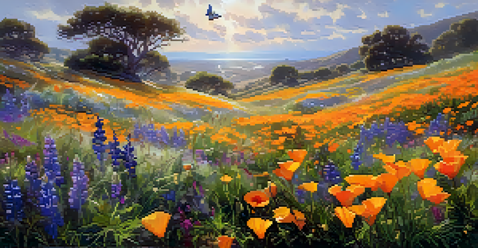 A colorful wildflower meadow in Carlsbad with various blooming flowers and butterflies, illuminated by sunlight.