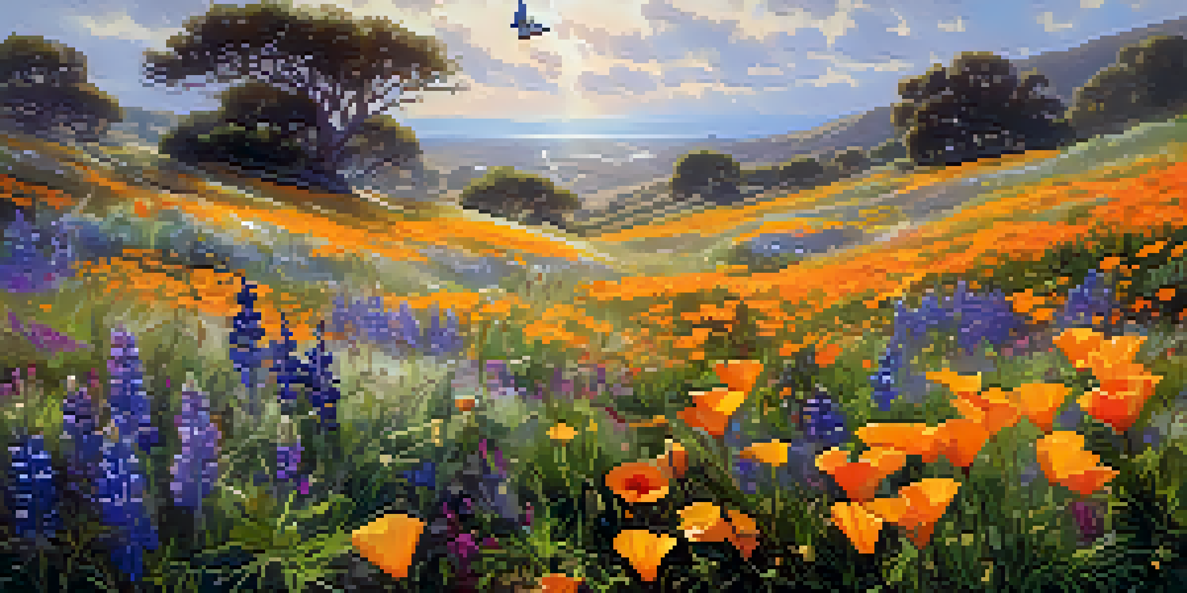 A colorful wildflower meadow in Carlsbad with various blooming flowers and butterflies, illuminated by sunlight.