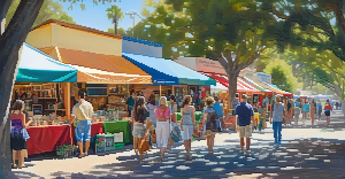 A vibrant craft fair scene in Carlsbad with colorful booths and families enjoying the atmosphere.