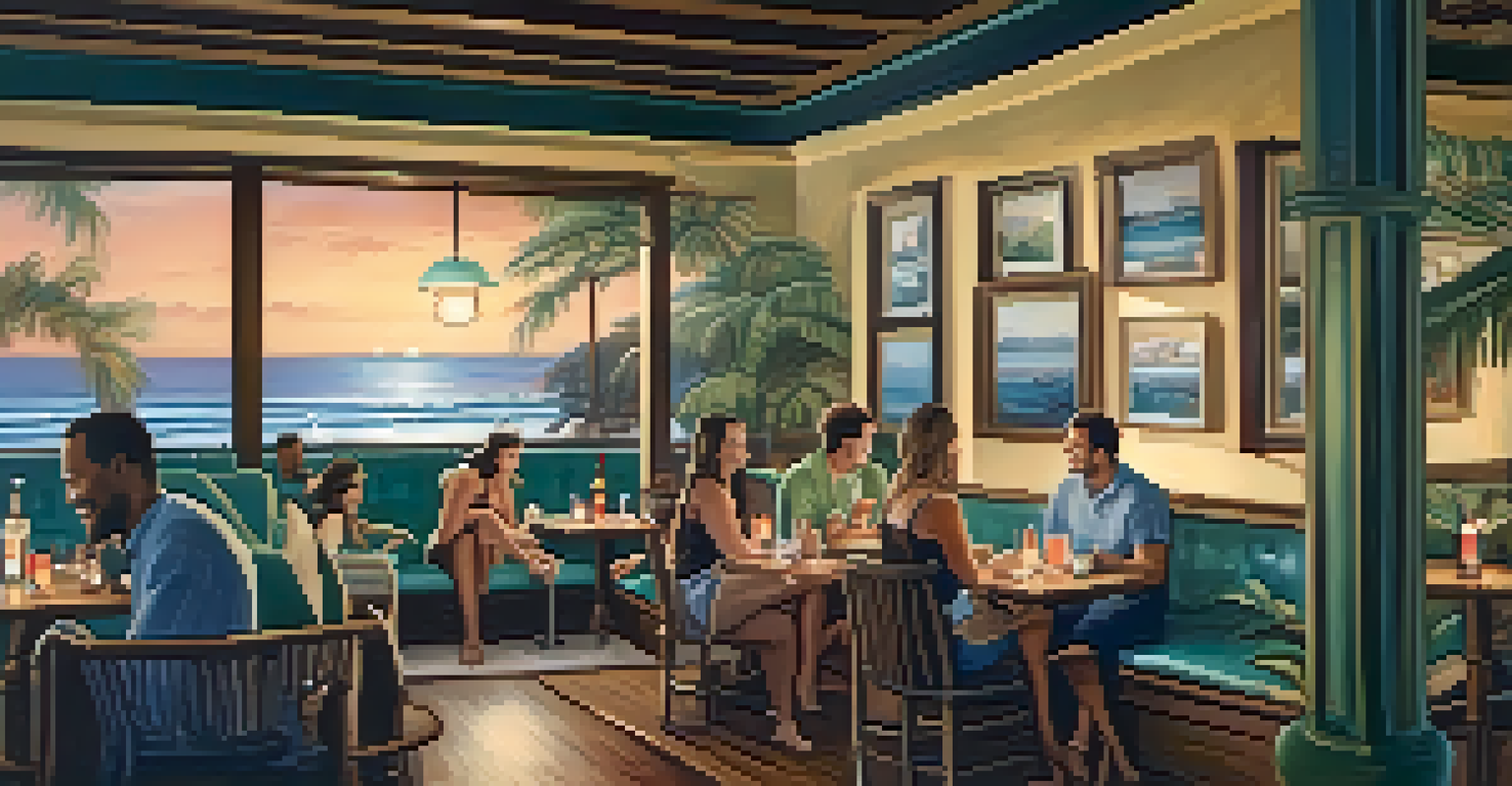 A cozy interior of The Bungalow featuring beachy decor, comfortable seating, and patrons enjoying cocktails and food in a relaxed atmosphere.
