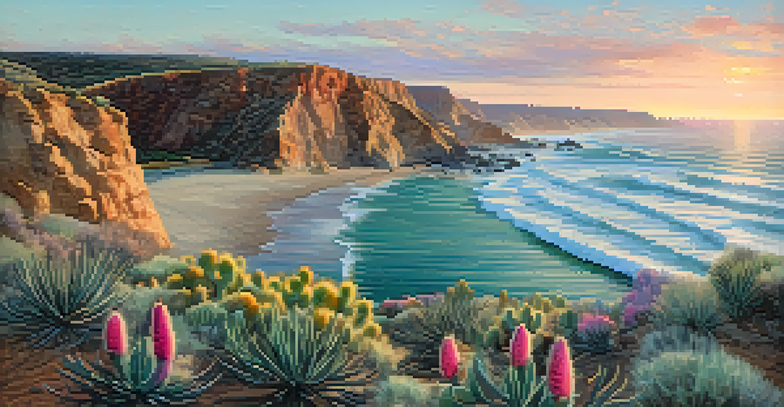 A coastal view of Carlsbad with waves crashing against cliffs and native plants in the foreground during sunset.