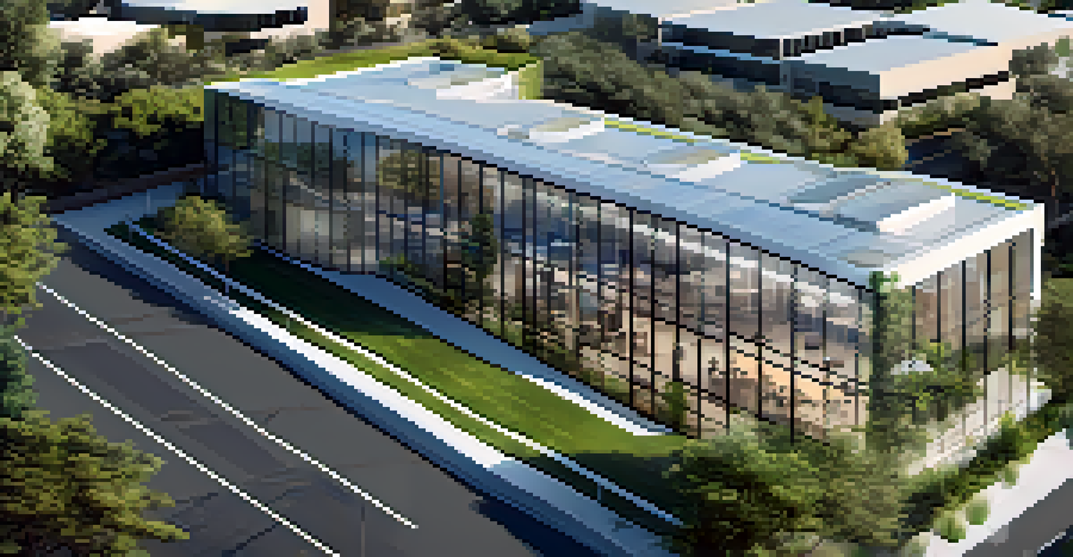 Aerial view of a modern tech startup office in Carlsbad, surrounded by greenery.