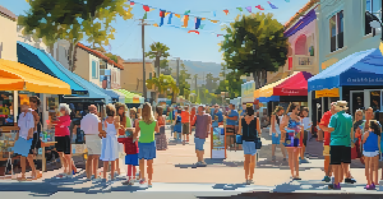 Families exploring the Carlsbad Village Art Walk with local artists showcasing their artwork, children participating in interactive installations under colorful banners.