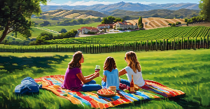 A family having a picnic at a winery with parents enjoying wine and children playing in the background, surrounded by vineyards and blue sky.