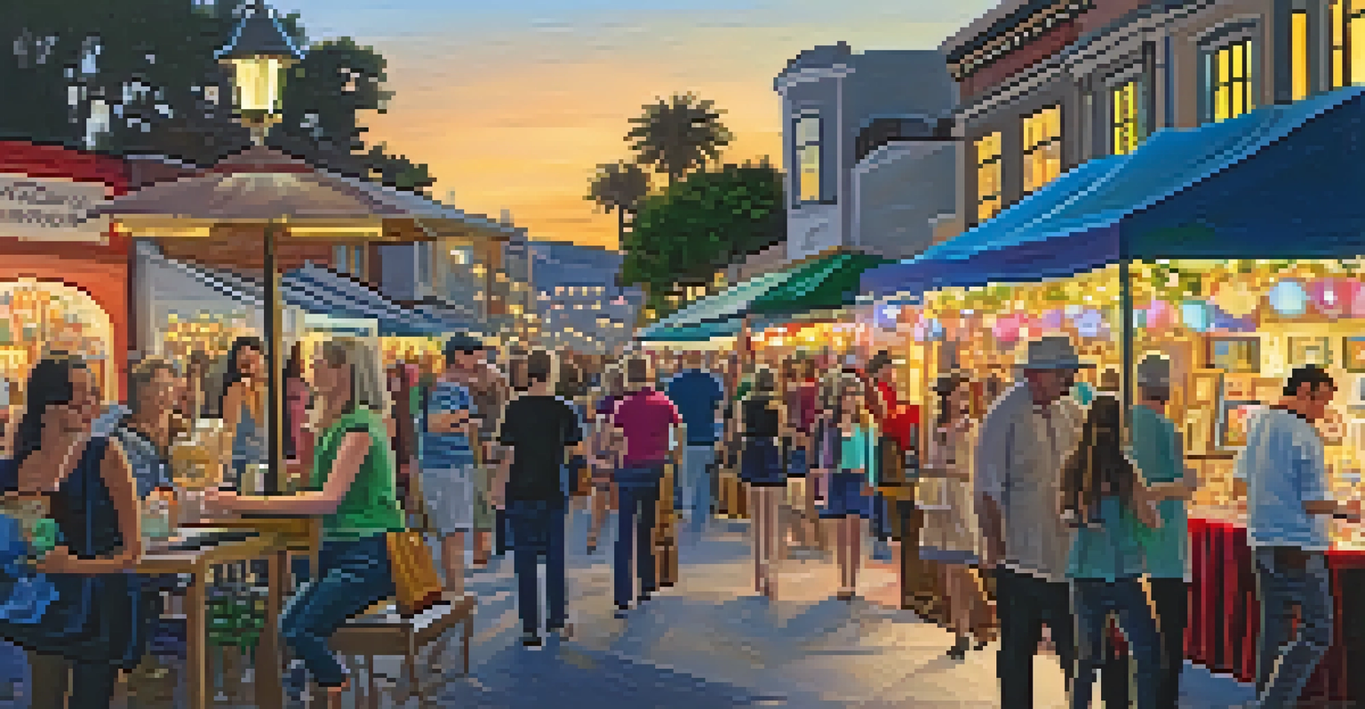 A vibrant street scene during the Carlsbad Village Art Walk, with artists' booths, Victorian buildings, and visitors admiring art under fairy lights.