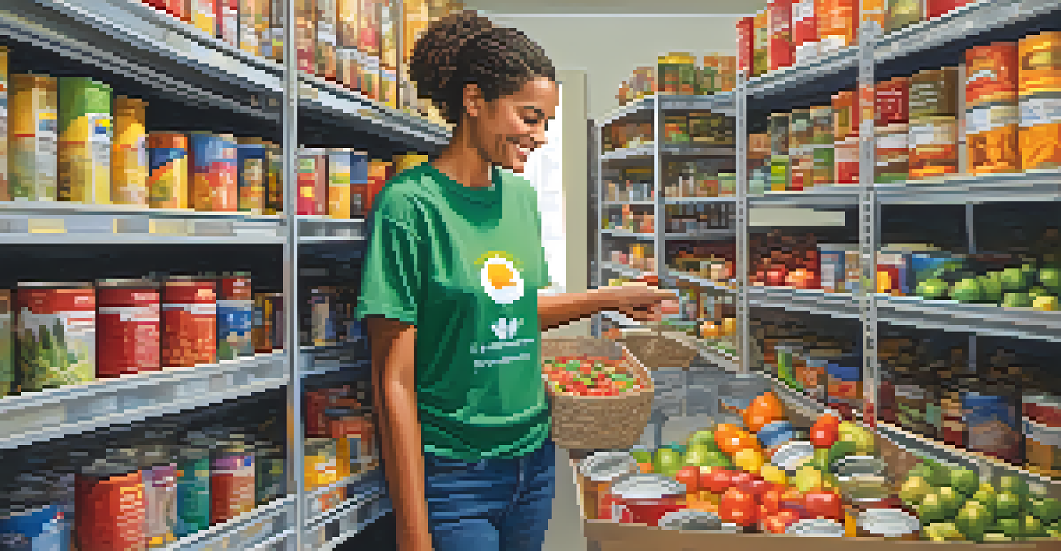 A volunteer sorting food at a food bank, interacting with diverse people receiving assistance.