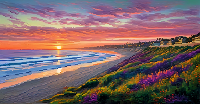 A beautiful sunset over the Carlsbad coastline, with a sandy beach and a paved walking trail, featuring silhouettes of people in the distance.