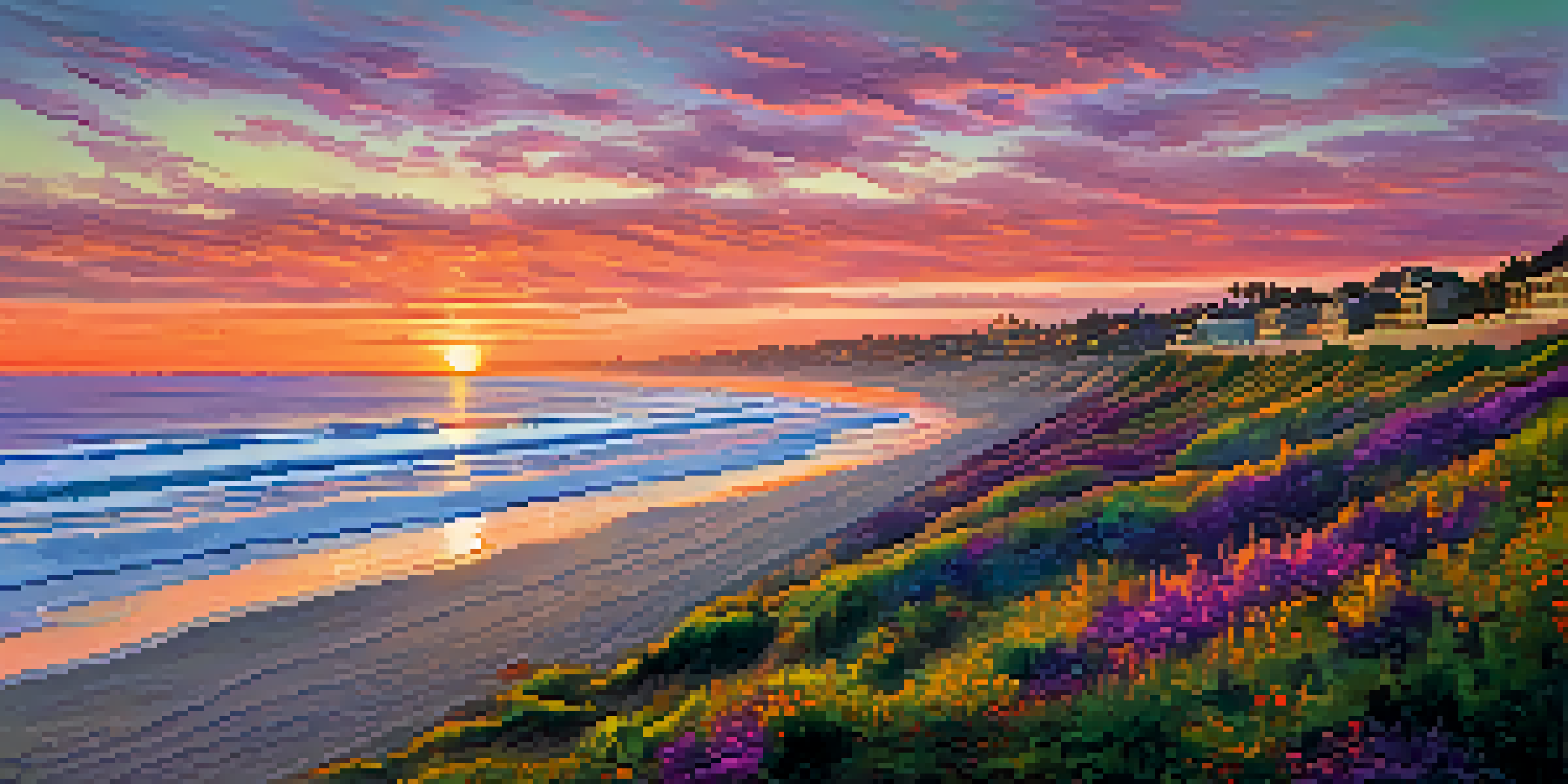 A beautiful sunset over the Carlsbad coastline, with a sandy beach and a paved walking trail, featuring silhouettes of people in the distance.