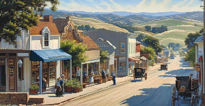 A nostalgic scene of Carlsbad in the early 1900s, featuring dirt roads and wooden storefronts with settlers in period clothing, set against agricultural fields and rolling hills under a clear sky.
