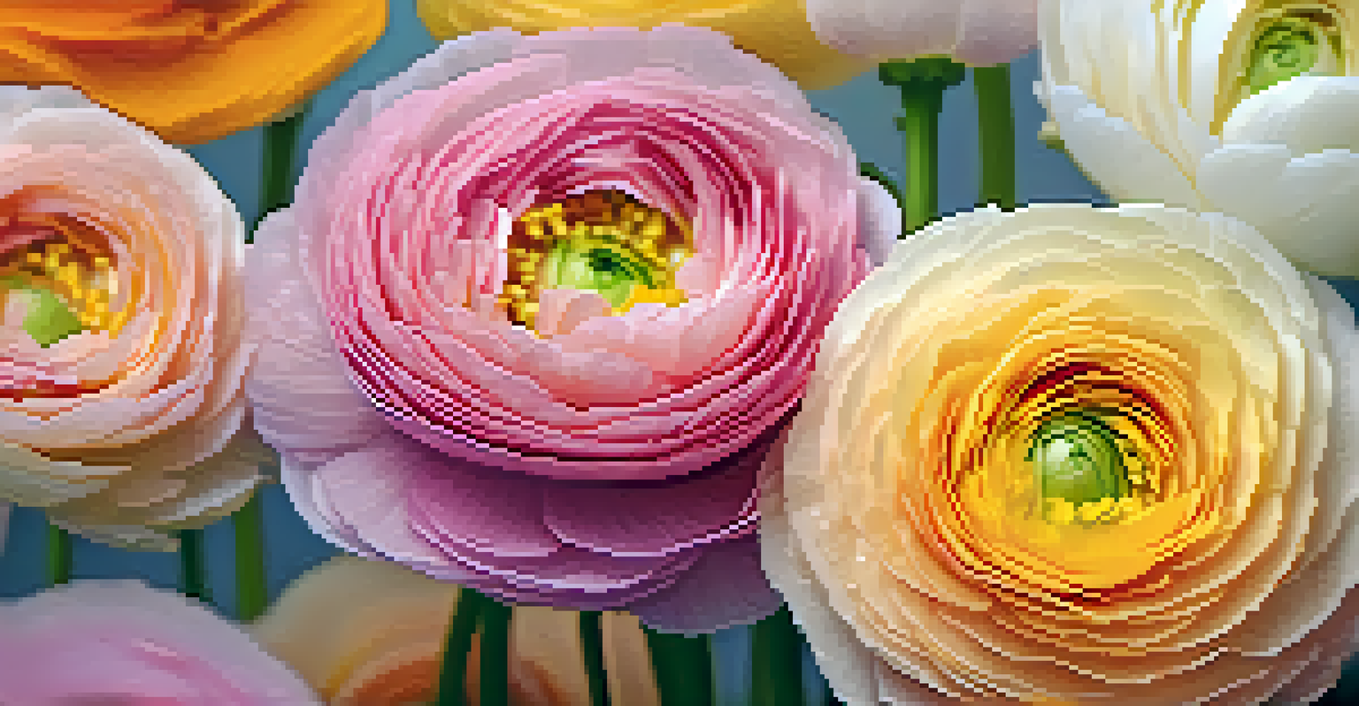 A close-up view of colorful ranunculus flowers with glistening raindrops on their petals.