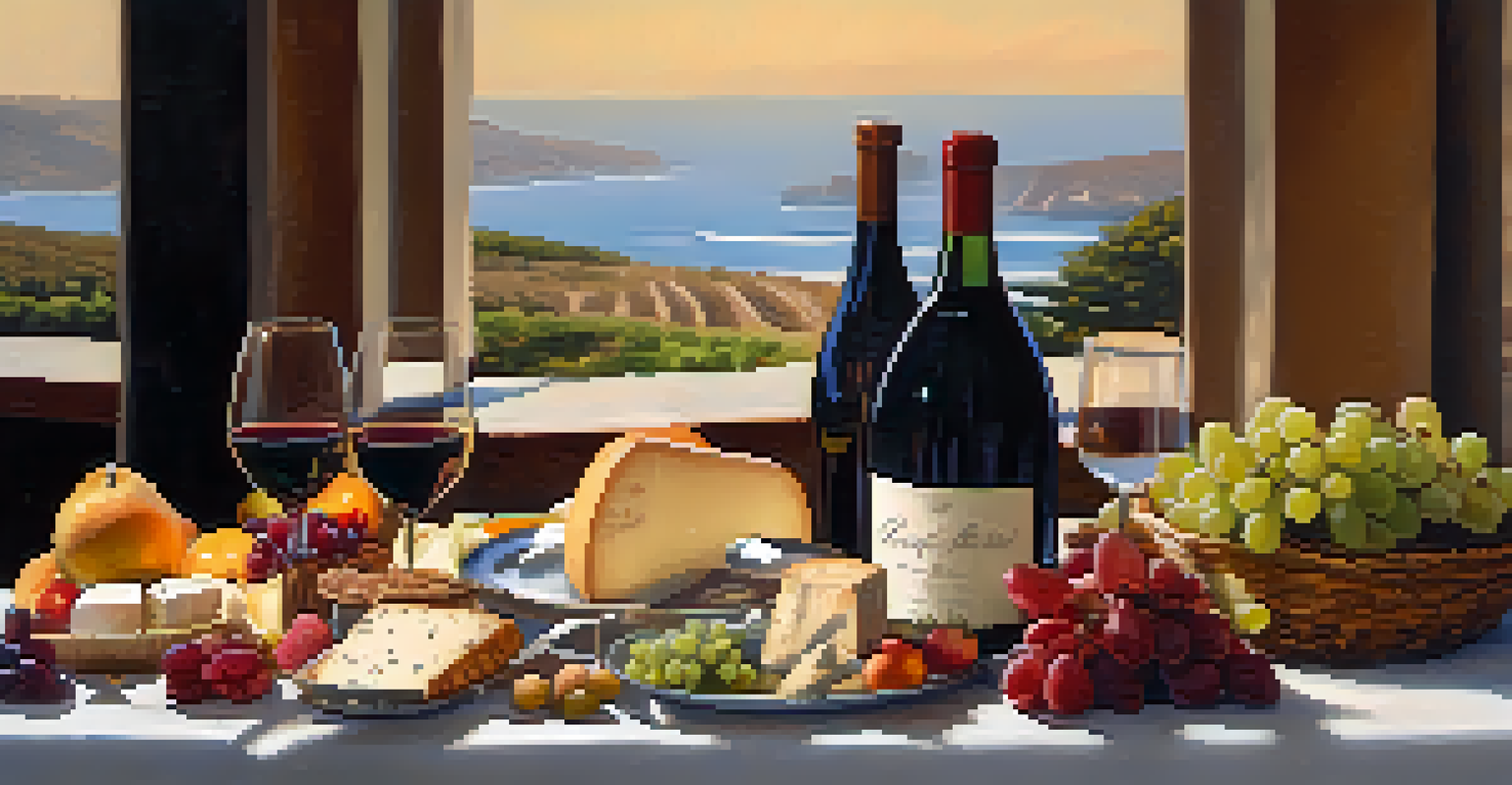 A beautifully arranged table with gourmet food and local wines, featuring cheeses, seafood, and fruits under soft lighting.