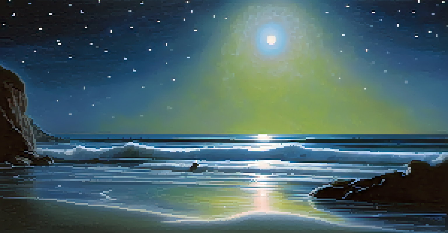 A night scene with ghostly apparitions and glowing lights emerging from the ocean, under a starry sky, creating an enchanting atmosphere.