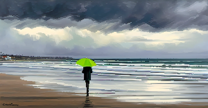 A rainy day at Carlsbad's coastline with dark clouds and a person walking with an umbrella.