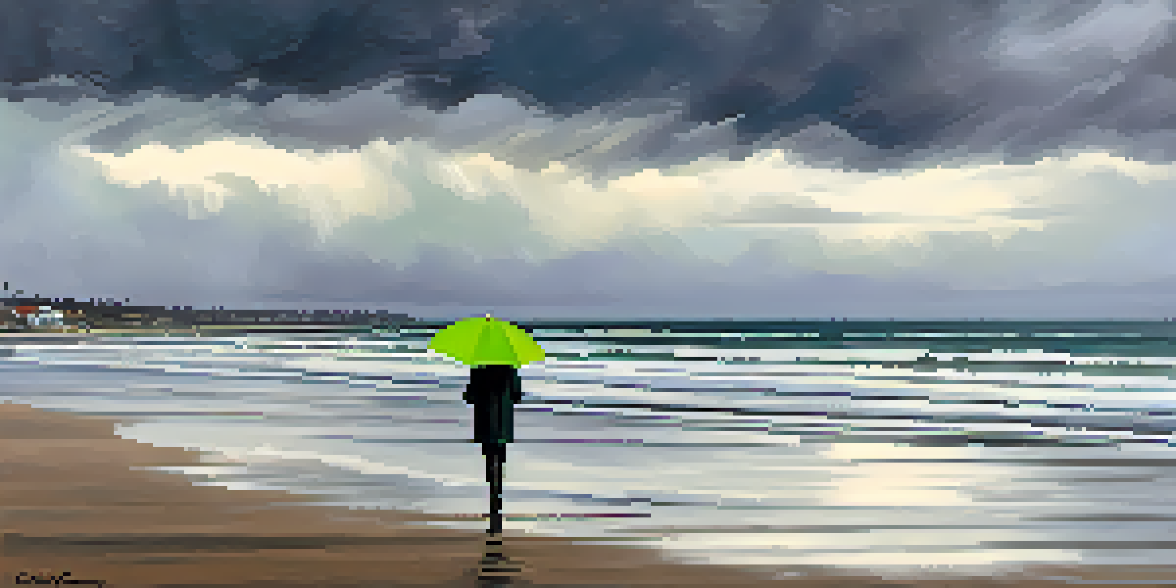 A rainy day at Carlsbad's coastline with dark clouds and a person walking with an umbrella.