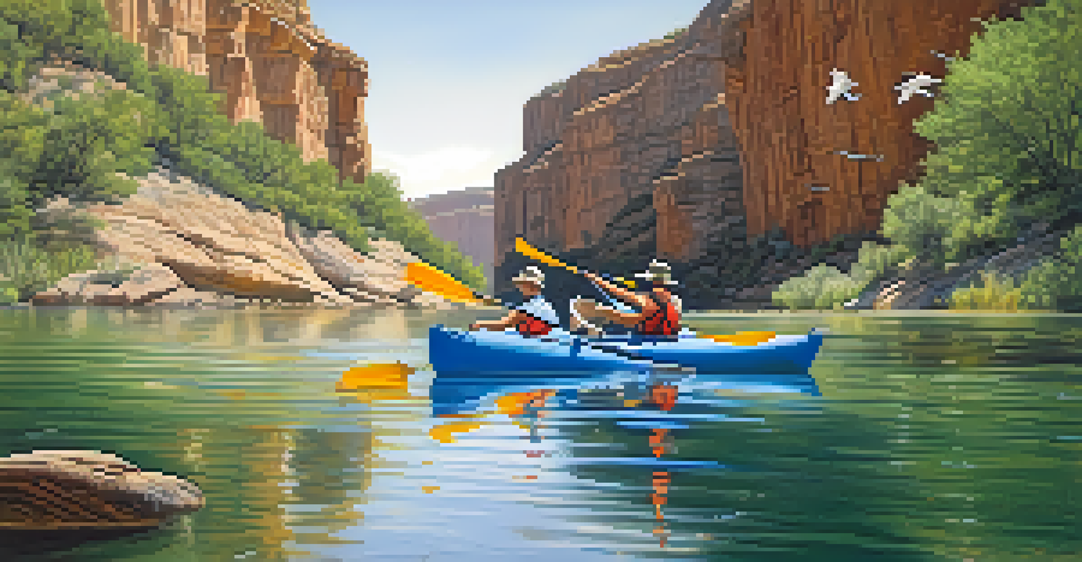 A family kayaking on the Pecos River with cliffs and greenery in the background.
