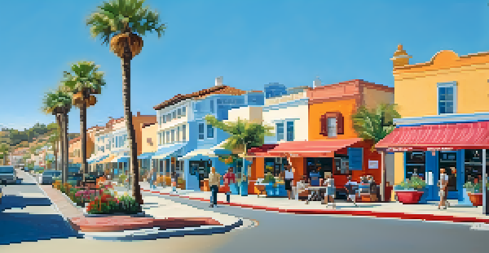 A vibrant street scene in Carlsbad Village with murals, shops, and locals, illuminated by soft morning light.