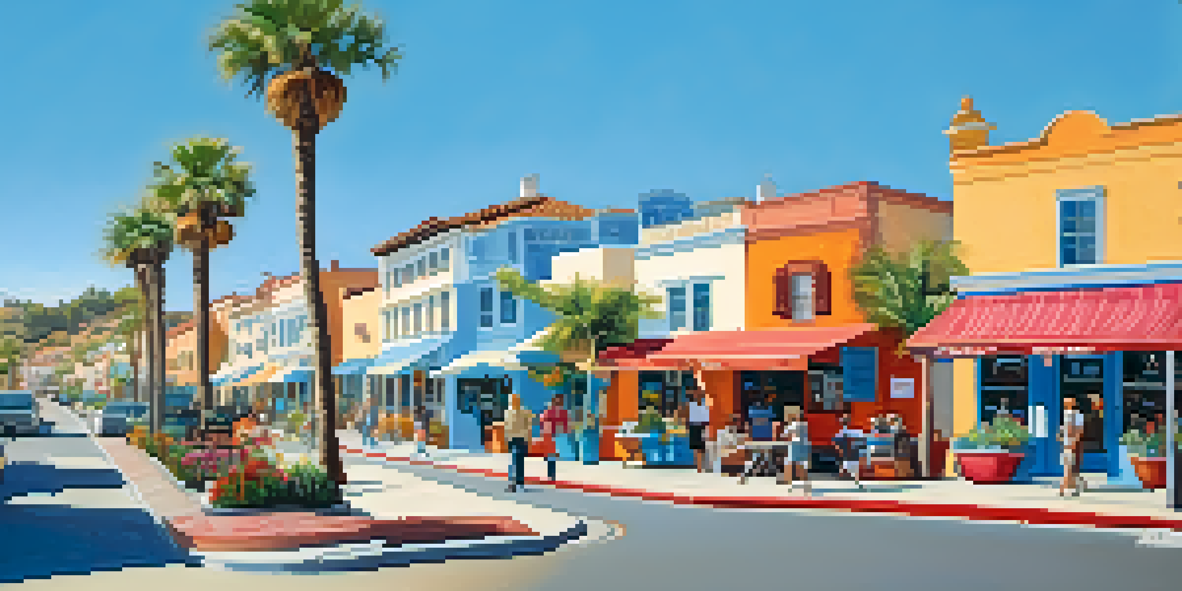 A vibrant street scene in Carlsbad Village with murals, shops, and locals, illuminated by soft morning light.