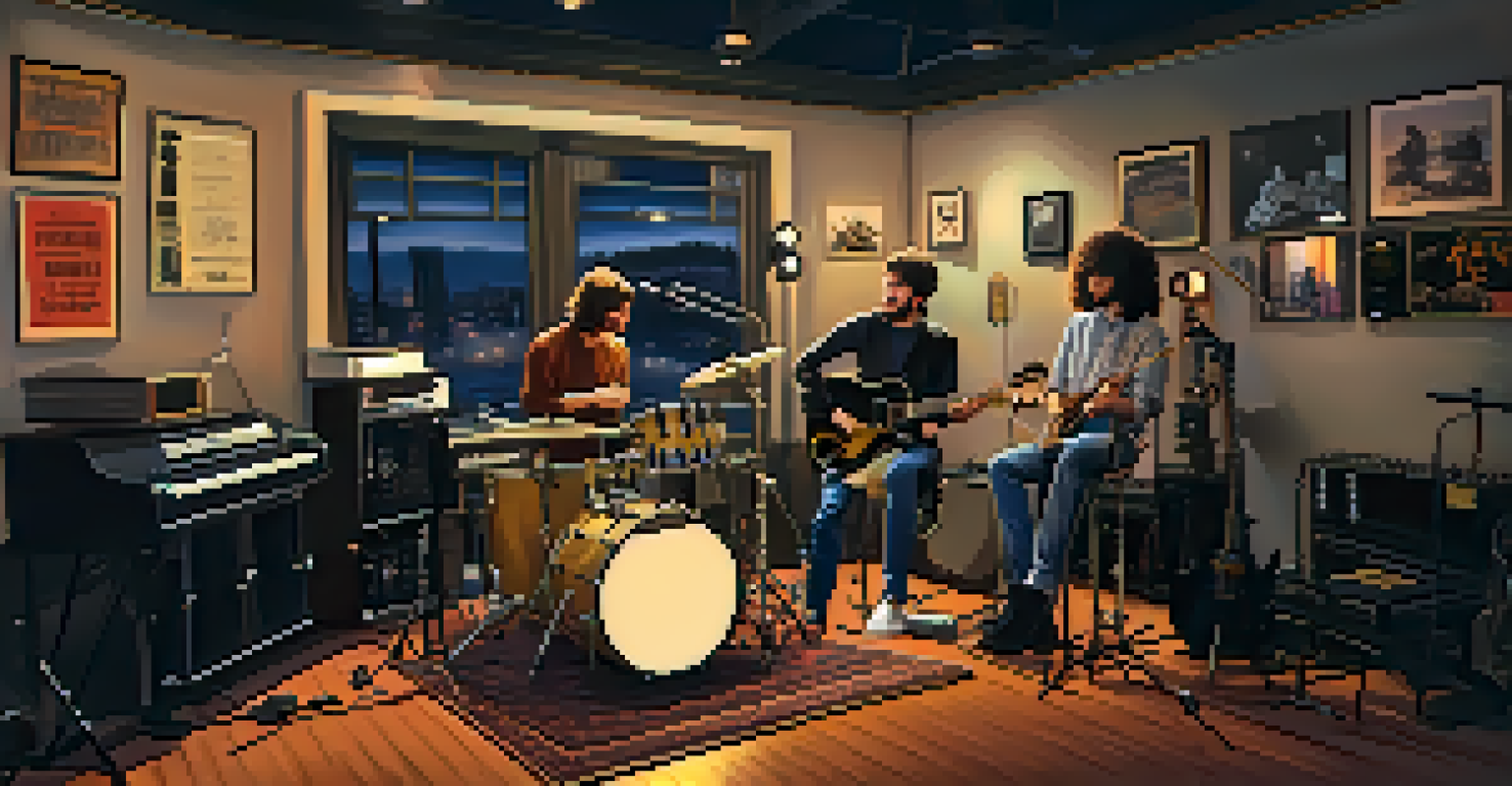 A local indie band rehearsing in a cozy space surrounded by musical instruments and posters.