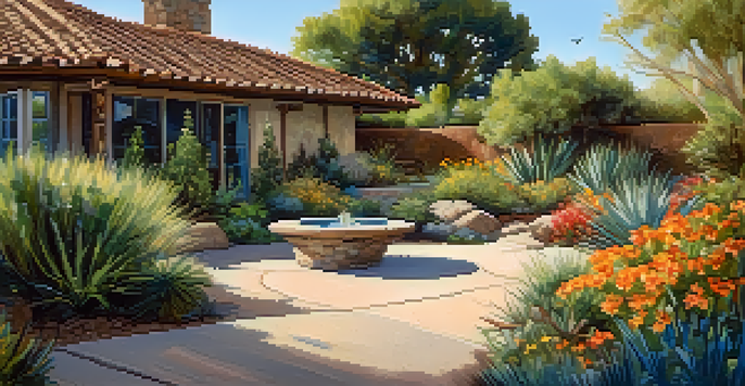 A colorful drought-resistant garden filled with native plants in Carlsbad, with a stone path and butterflies.