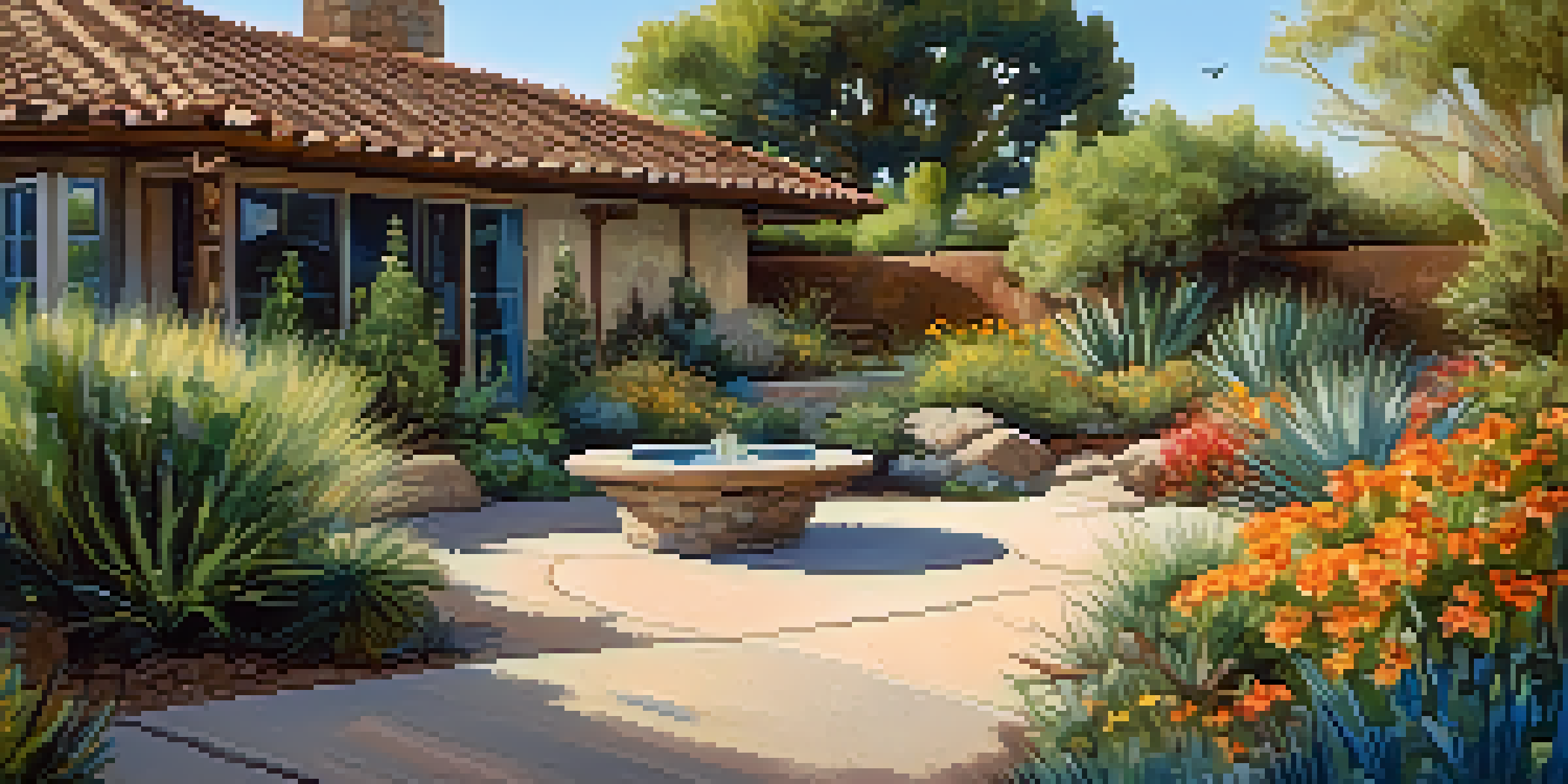 A colorful drought-resistant garden filled with native plants in Carlsbad, with a stone path and butterflies.