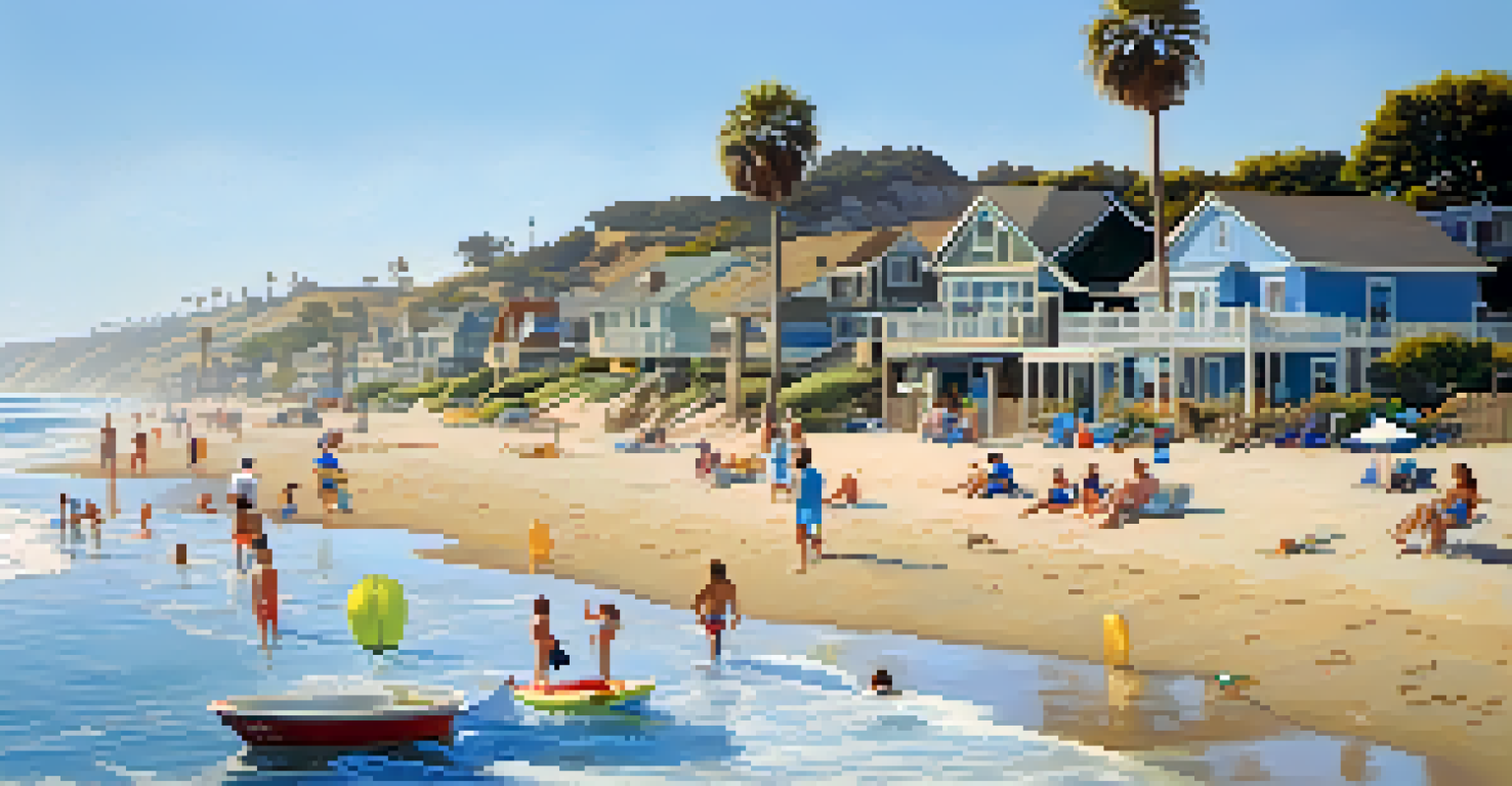 Families enjoying a sunny day at Carlsbad State Beach, with children playing in the waves and a small boat anchored nearby.