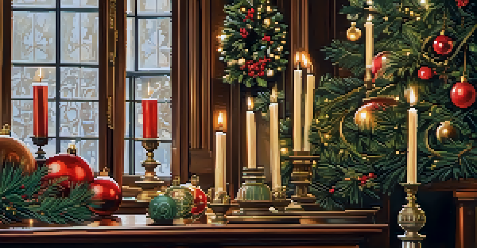 Close-up of beautiful holiday decorations inside a historic home, showcasing ornaments, garlands, and soft glowing candles.