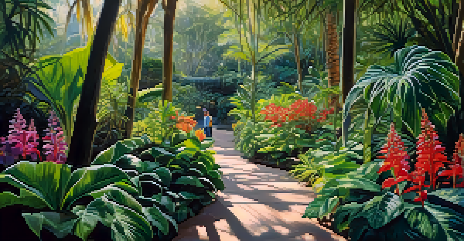 A tranquil pathway in the San Diego Botanic Garden, surrounded by diverse tropical plants and dappled sunlight filtering through the canopy.