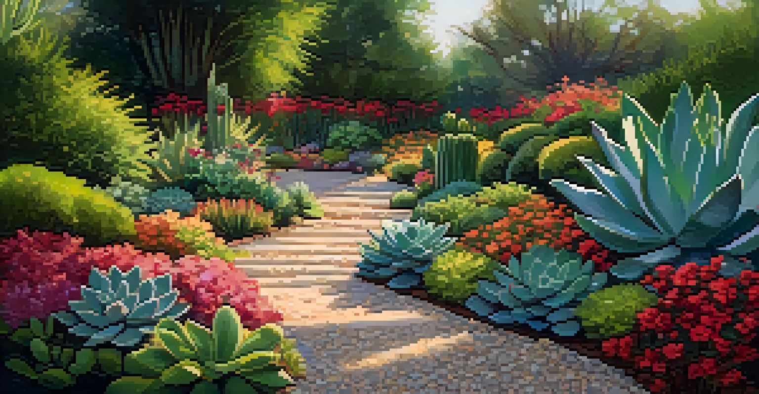 A garden pathway made of gravel mulch surrounded by colorful succulents and flowers.