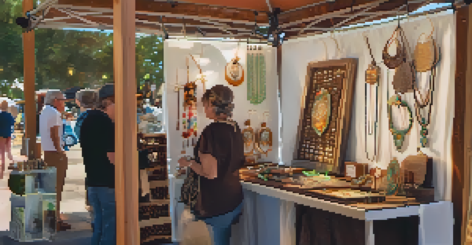 A close-up view of a local artisan's booth with handmade jewelry and crafts, showcasing an interaction between the artisan and a customer.