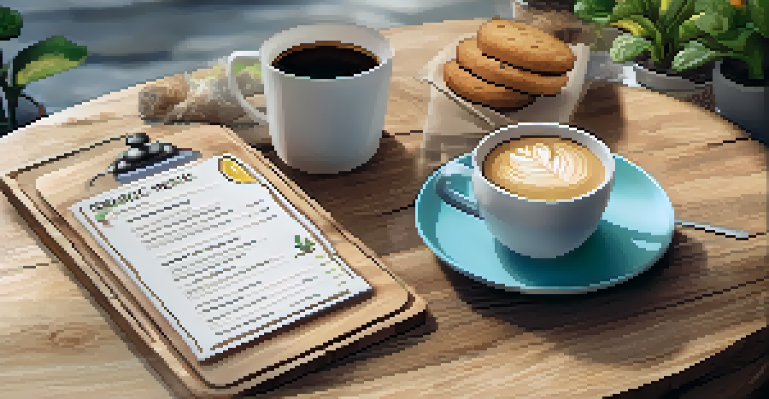 A close-up of a dog-friendly coffee shop menu with dog treats and a cup of coffee on a table.