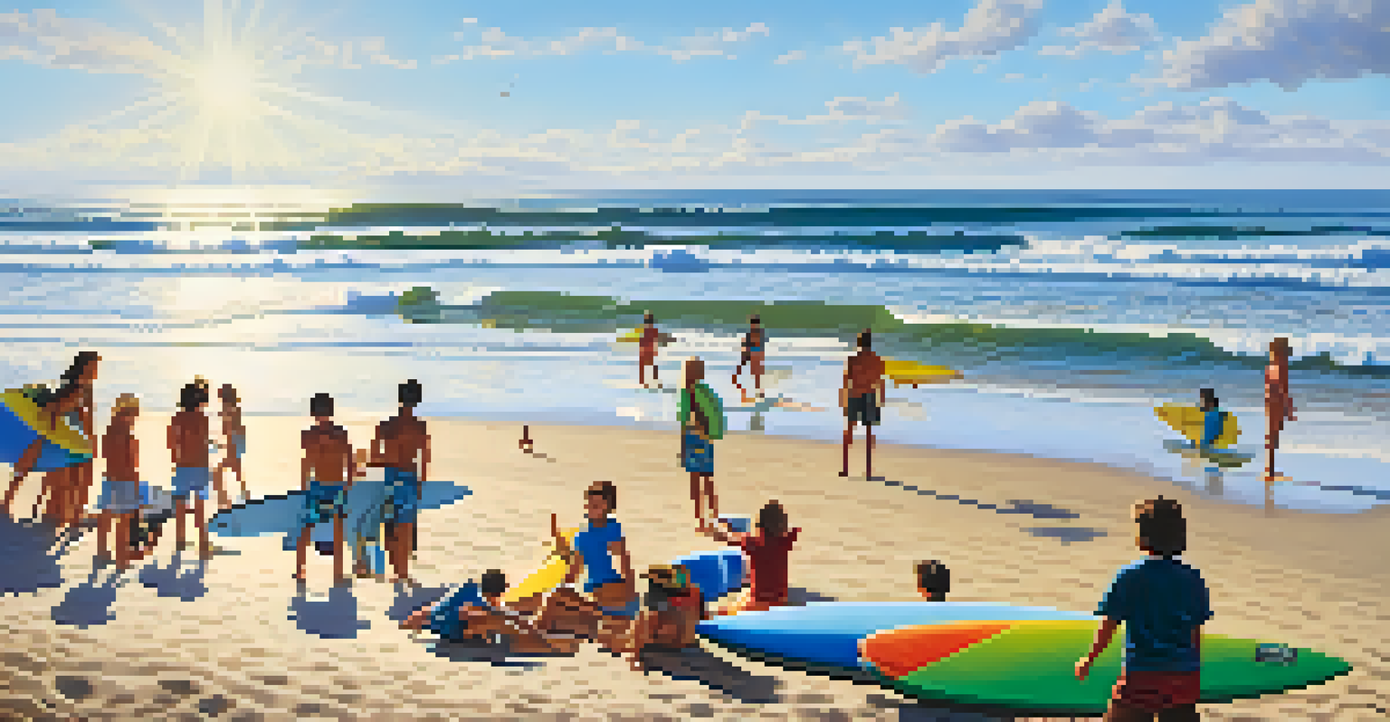 Kids and teens enjoy an exciting day of surfing and boogie boarding at Ponto Beach, with parents watching from the shore.