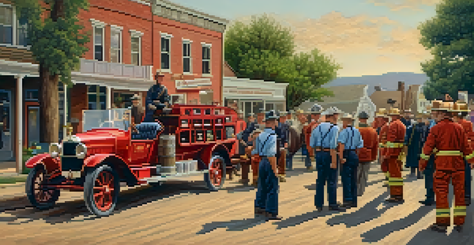 A group of early volunteer firefighters in vintage attire, gathered around an old fire truck in a small-town setting during sunset.