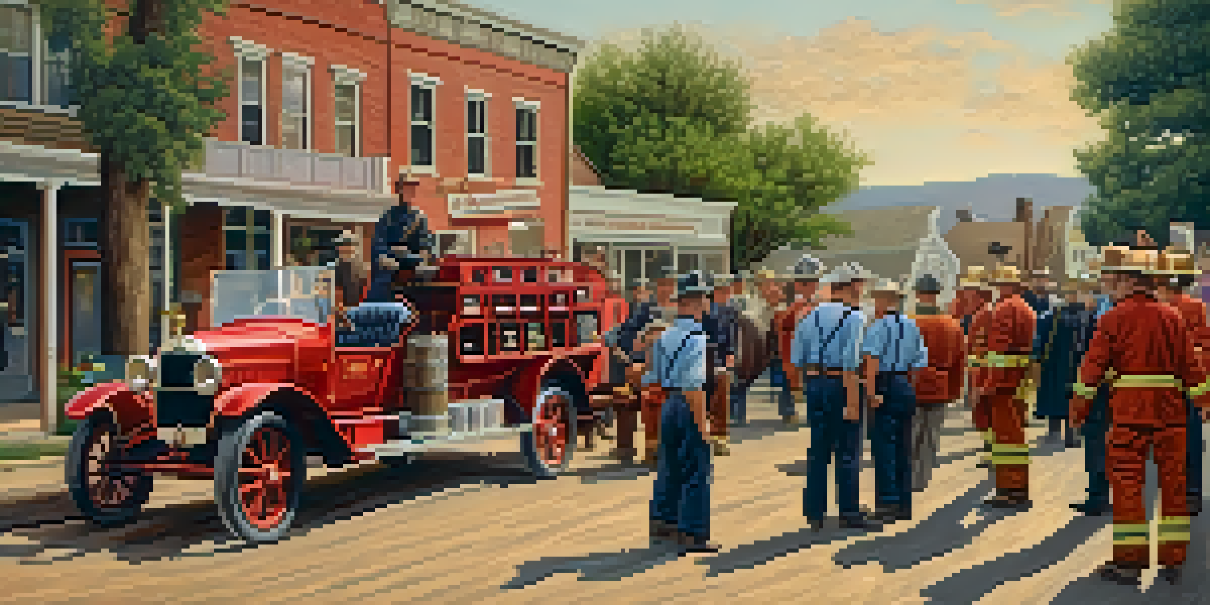 A group of early volunteer firefighters in vintage attire, gathered around an old fire truck in a small-town setting during sunset.