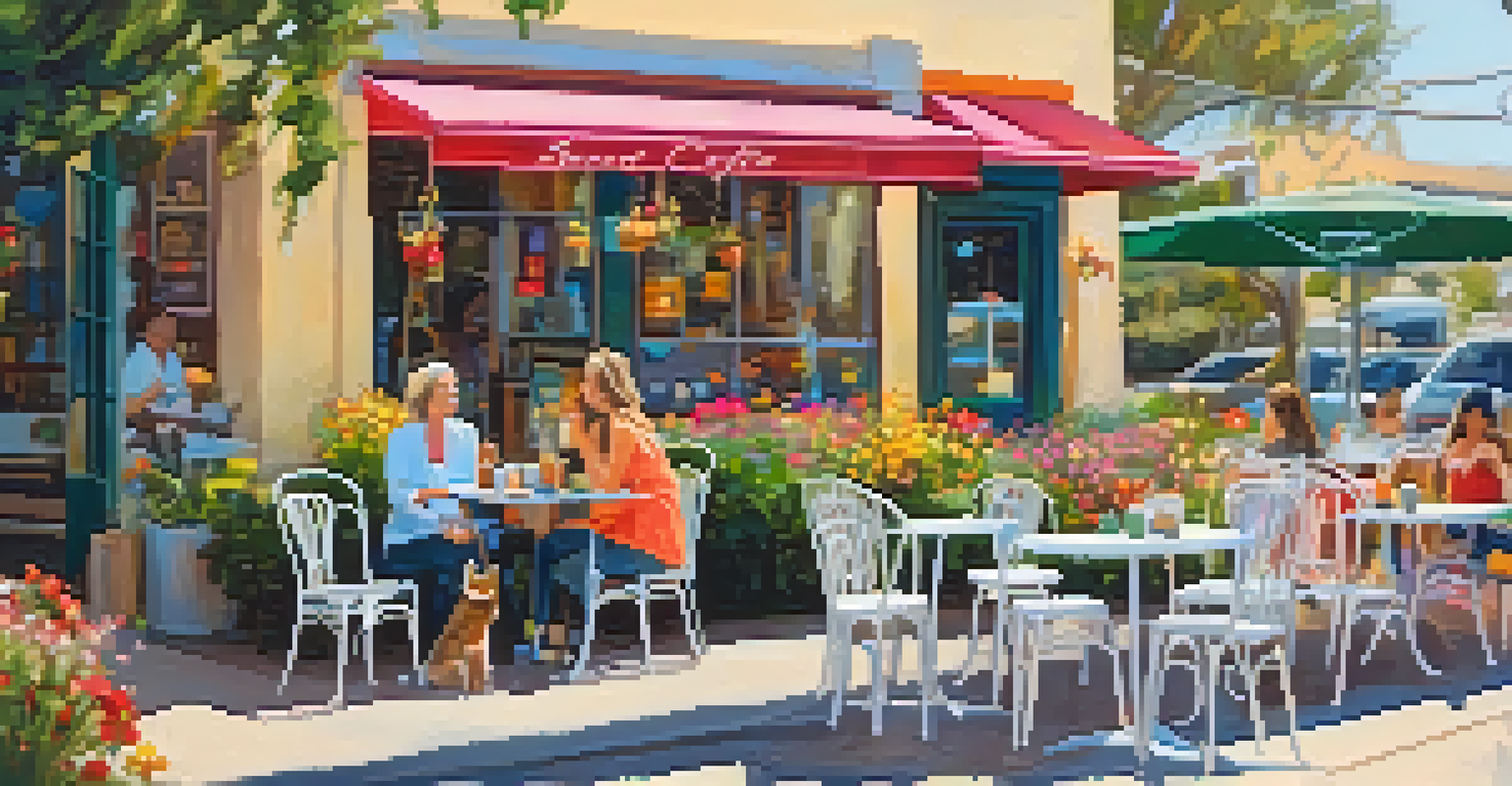 A bustling café in Carlsbad Village with customers enjoying coffee and pastries among colorful storefronts.