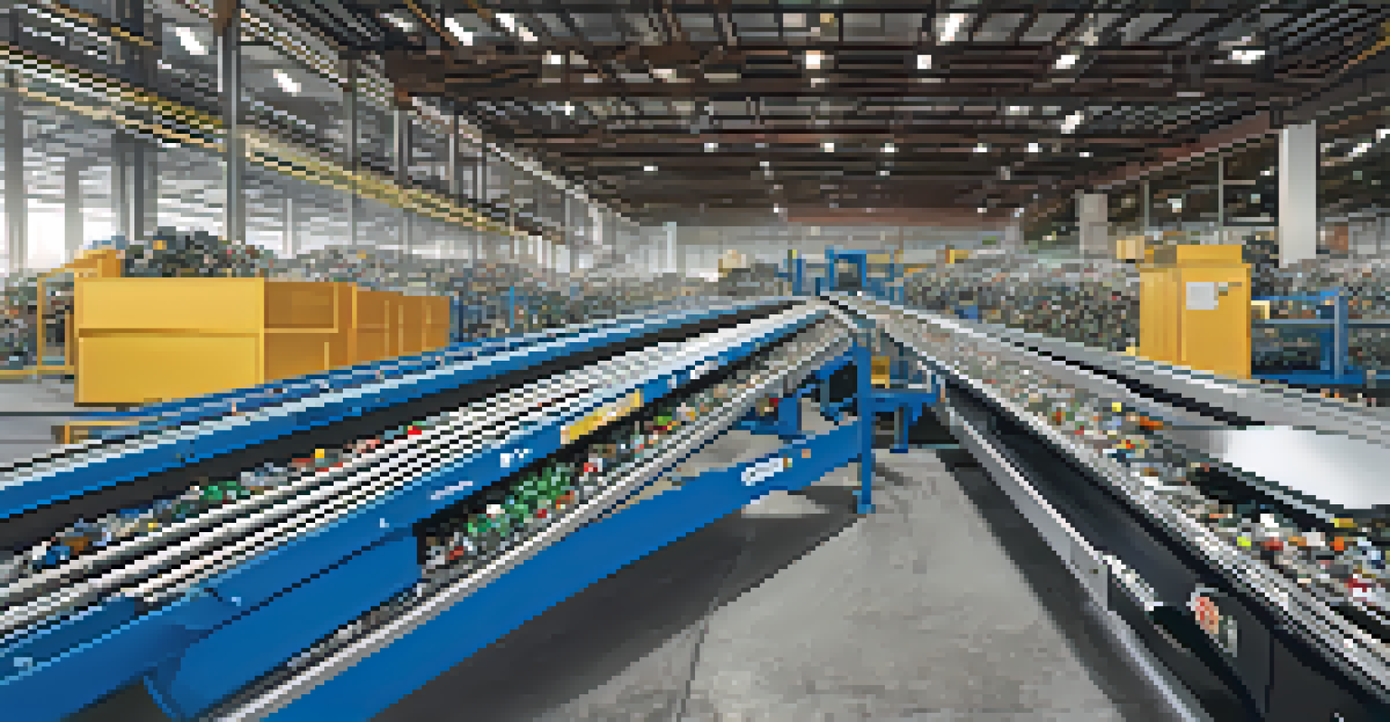 Advanced recycling sorting technology with a conveyor belt and robotic arms sorting recyclable materials in a clean facility.