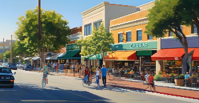 A panoramic view of Carlsbad's downtown area with modern buildings, people walking, and green spaces bathed in golden sunlight.