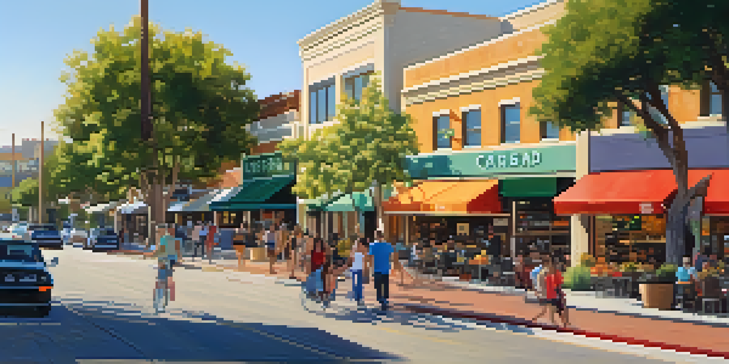 A panoramic view of Carlsbad's downtown area with modern buildings, people walking, and green spaces bathed in golden sunlight.