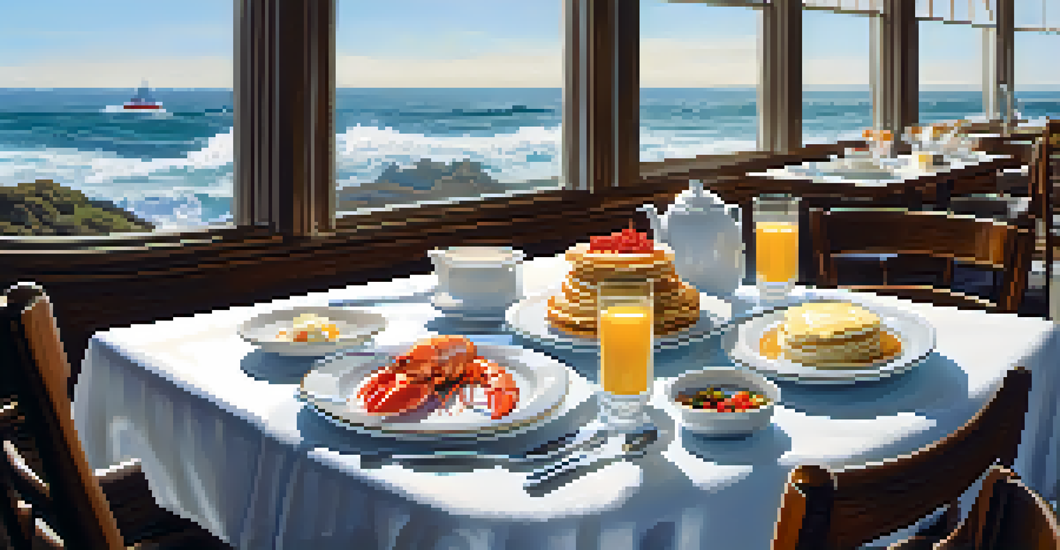 A beautifully set breakfast table overlooking the ocean with plates of lobster eggs benedict and pancakes in a sunlit setting.