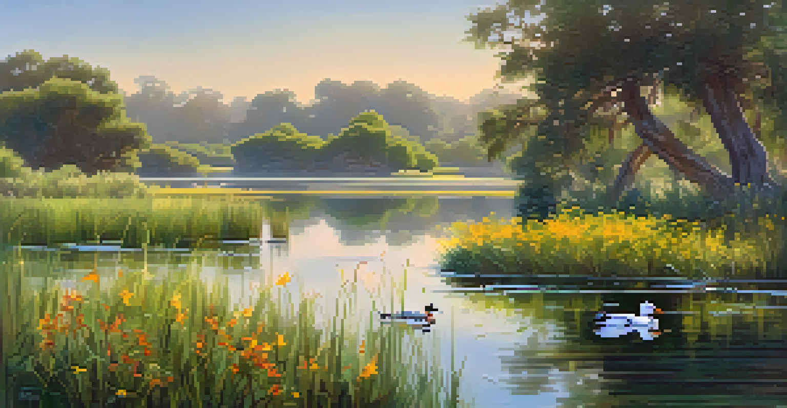 A tranquil wetland scene in Carlsbad with ducks swimming and colorful flowers blooming in the morning light.