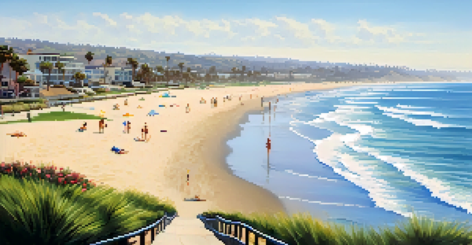 A panoramic view of Carlsbad's coastline with golden sands, bright blue sky, and surfers in the distance.