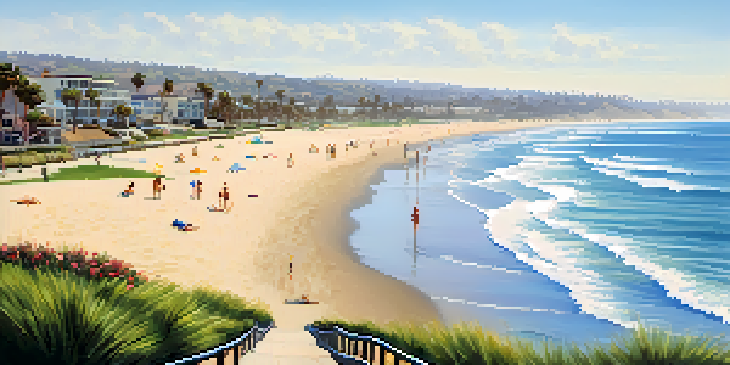 A panoramic view of Carlsbad's coastline with golden sands, bright blue sky, and surfers in the distance.