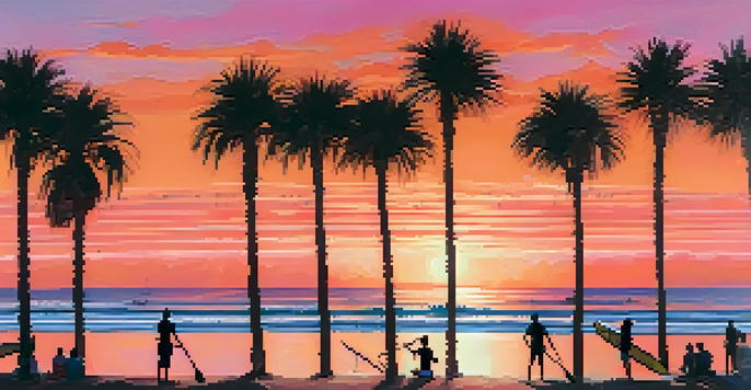 A sunset view of Carlsbad's coastline with paddleboarders on calm waters and palm trees in the foreground.